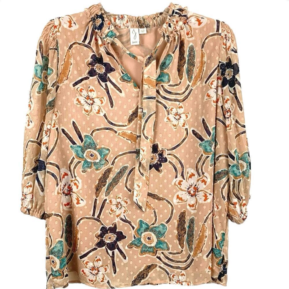 Joie Floral Swiss Dot Blouse Large Ruffle Neck Boho Semi Sheer Peasant Top